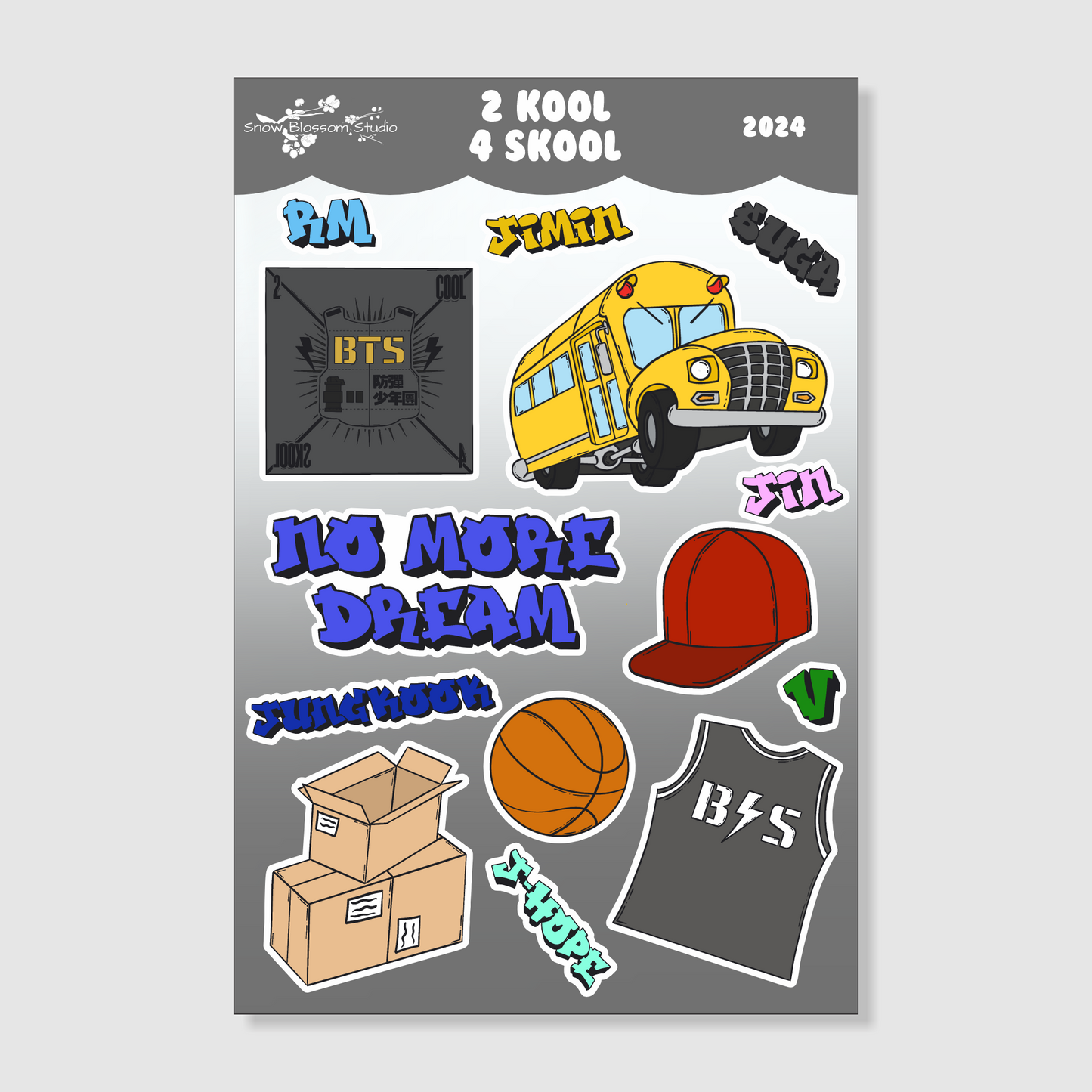 Sticker sheet with fourteen stickers, the BTS Album Cover, school bus, no more dream, baseball cap, basketball, boxes and a Jersey.