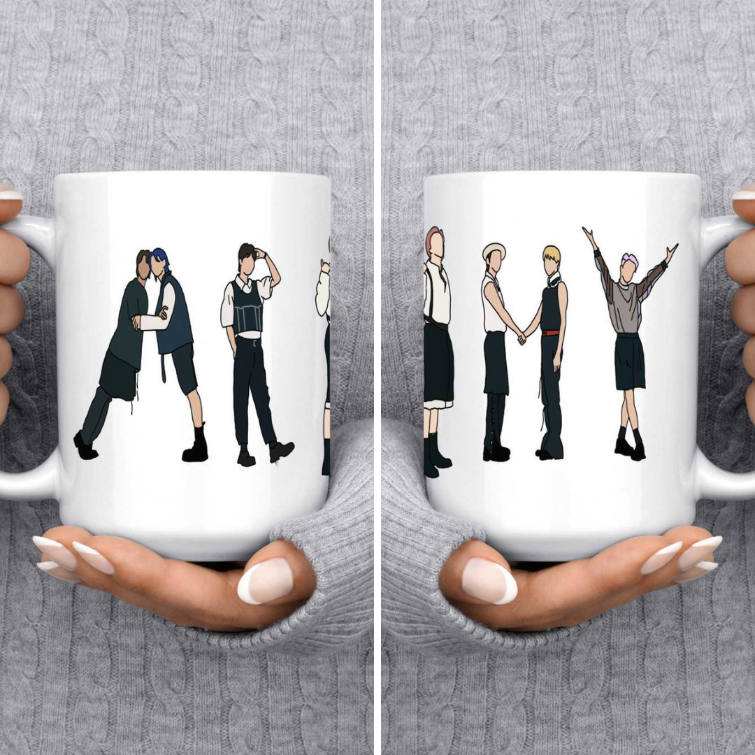 White Ceramic Mug, with a stylized drawing of BTS spelling ARMY in the Butter Music Video.
