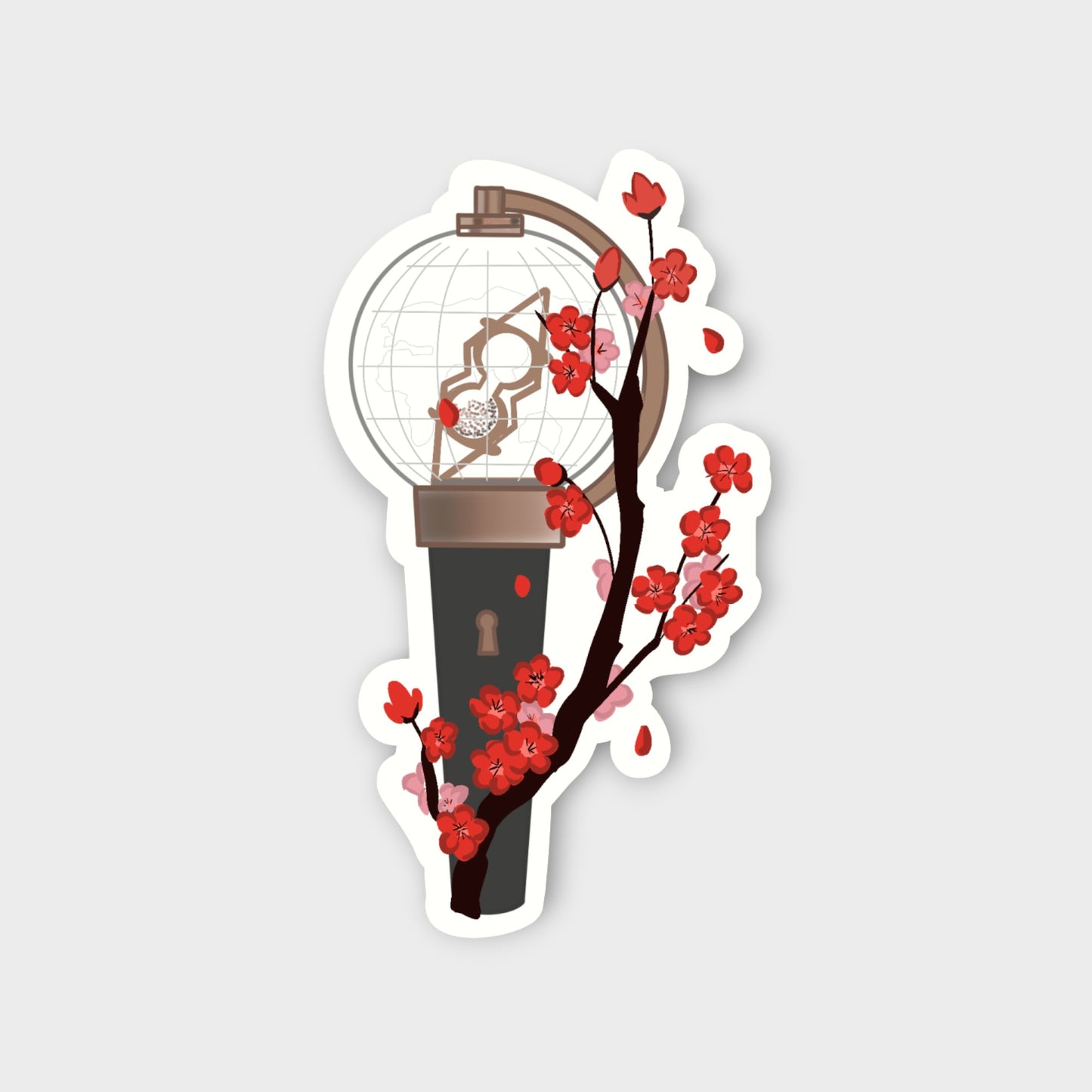 Ateez Light stick with red and pink plum blossoms around it and a white Sticker outline.