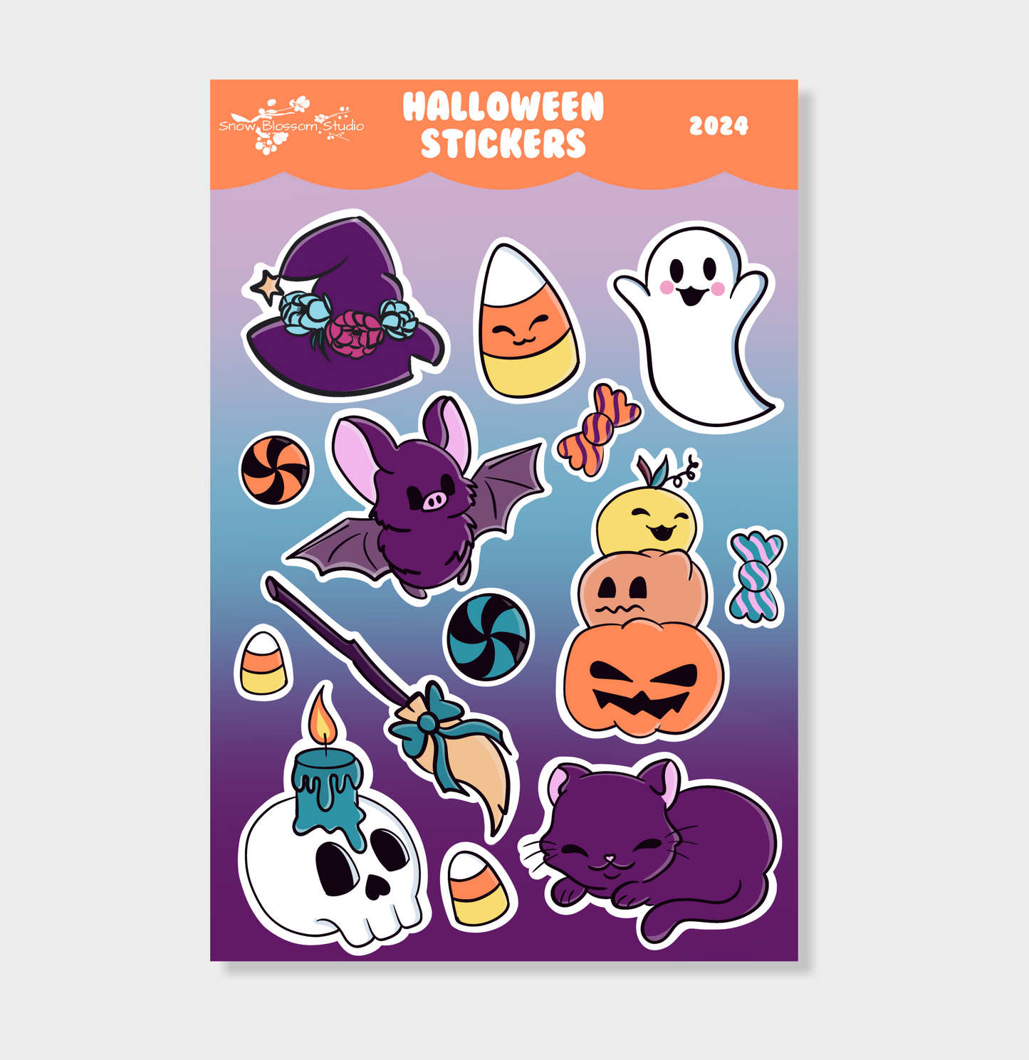 Halloween sticker sheet in purple and oragne, witches hat, bat, ghost, cat, skull and pumpkin