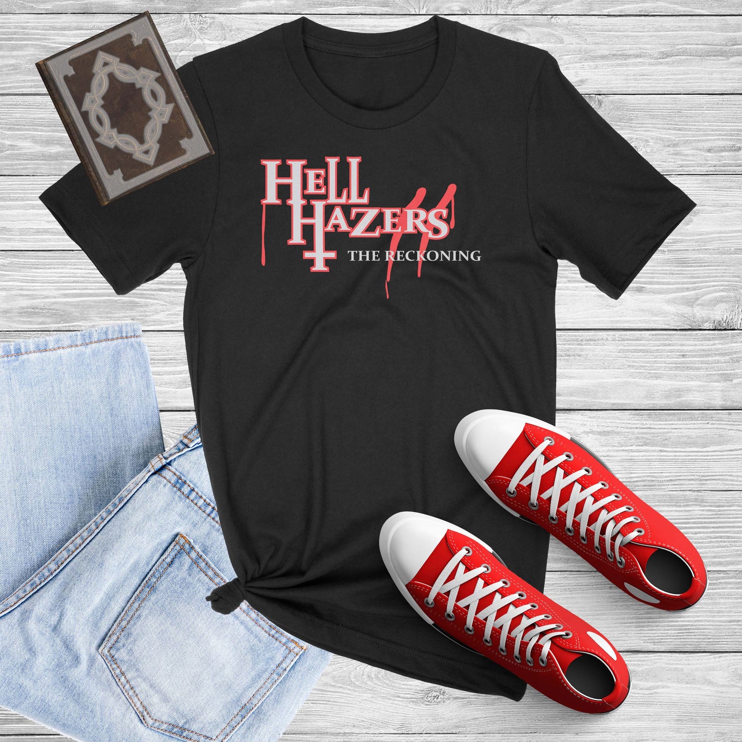 Black shirt with the text Hell Hazer Two written in white and red.