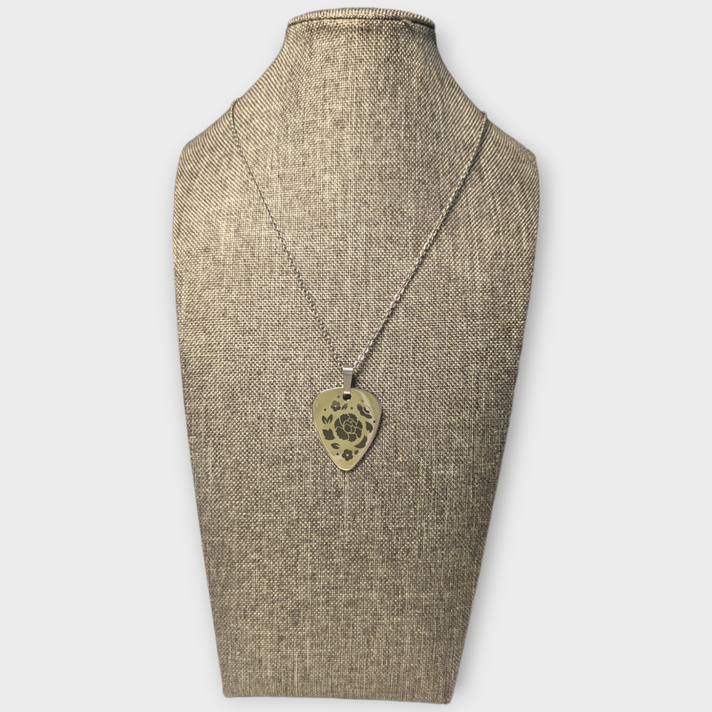 Guitar Pendant necklace. Silver Guitar Pick Pendant engraved with flowers