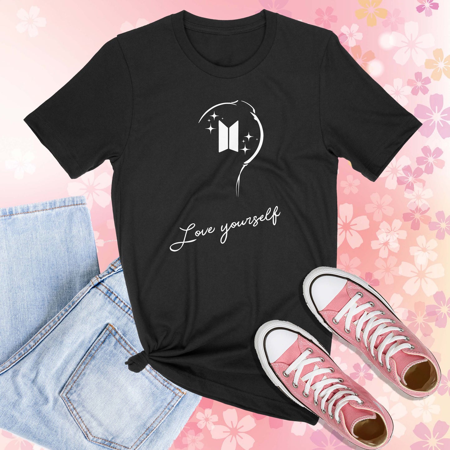 Black Shirt with white print of the BTS Lightstick and the Worlds Love yourself written below.