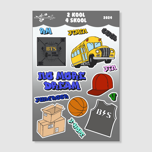 Sticker sheet with fourteen stickers, the BTS Album Cover, school bus, no more dream, baseball cap, basketball, boxes and a Jersey. 