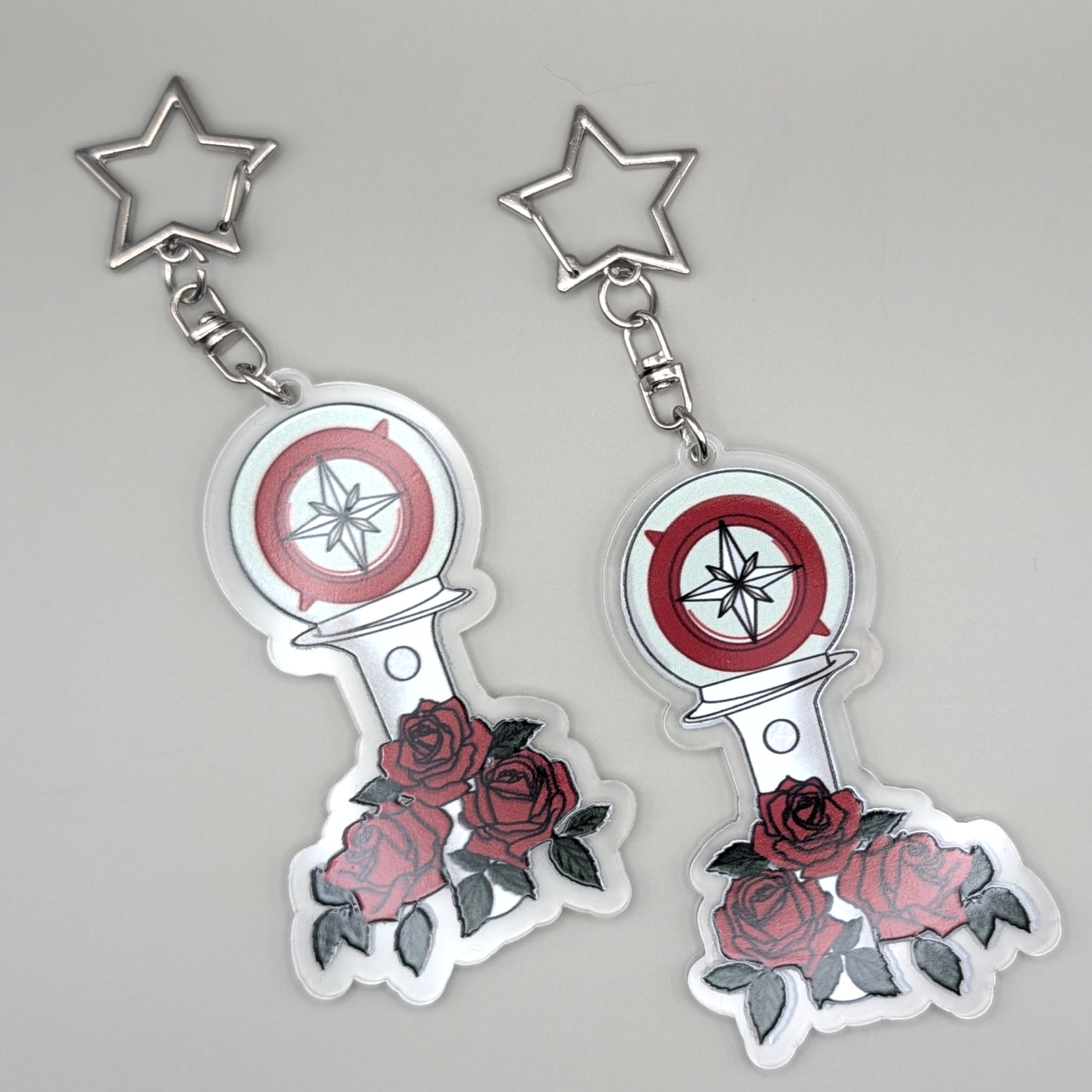 Stray Kids lightstick with red Roses, silver key ring is star shaped