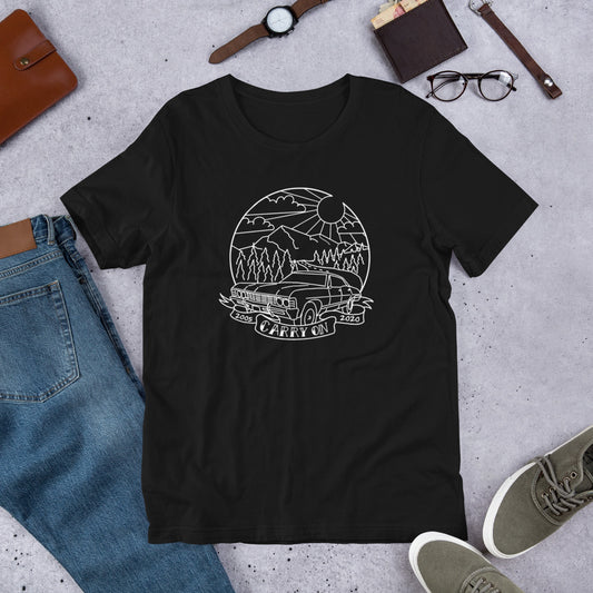 Black shirt with white design of the Supernatural Impala in tattoo style